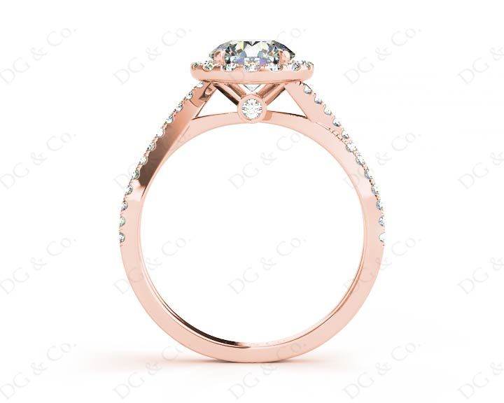 Round Cut Split Shank Diamond Halo Engagement Ring with Pave Set Side Stones Down the Band in 18K Rose - DG & Co. Jewellery