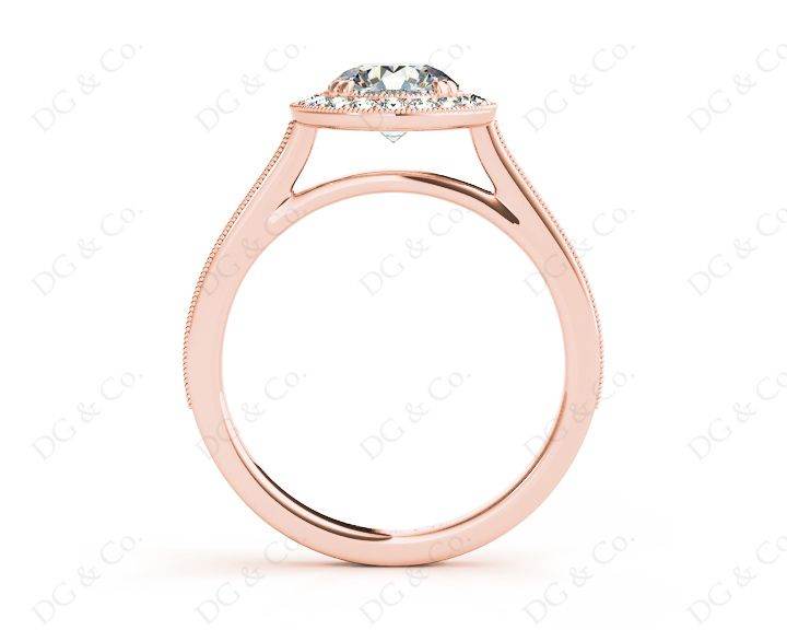 Halo Diamond Engagement Ring Round Cut with Claw Set Centre Stone Miligrain Share Prong Side Stones - 18K Rose - DG & Co. Jewellery