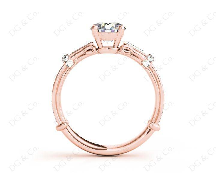 Round Cut Vintage Style Three Stone Engagement Ring with Tapered Baguette Bezel Set and Pave Set Side Stones - 18K Rose - DG & Co. Jewellery