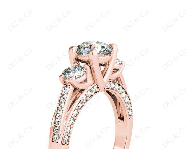 Three Stone Diamond Engagement Ring Round Cut with a Channel Share Prong Shoulder Setting - 18K Rose - DG & Co. Jewellery
