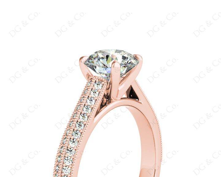 Round Cut Four Claws Diamond Ring in a Milgrain Pave Setting Side Stones in 18K Rose - DG & Co. Jewellery