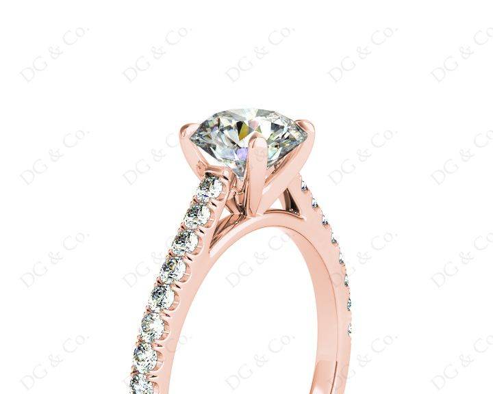 Round Cut Four Claws Diamond Ring with Pave Set Side Stones - 18K Rose - DG & Co. Jewellery