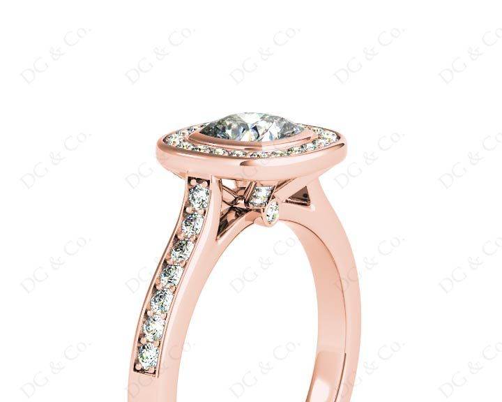 Cushion Cut Halo Ring with Bezel set centre stone with Side Stones - 18K Rose - DG & Co. Jewellery