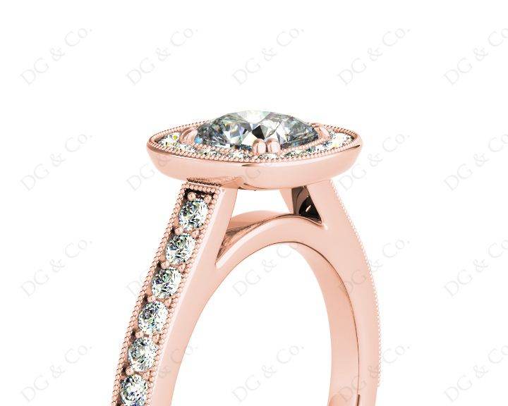 Cushion Cut Halo Diamond Ring with Milgrain Prong Set Centre Stone - 18K Rose - DG & Co. Jewellery