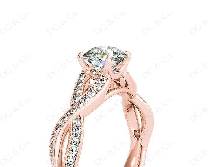 Twist Band Round Cut Four Claw Set Diamond Ring with Pave Set Stones Down the Shoulders - 18K Rose - DG & Co. Jewellery