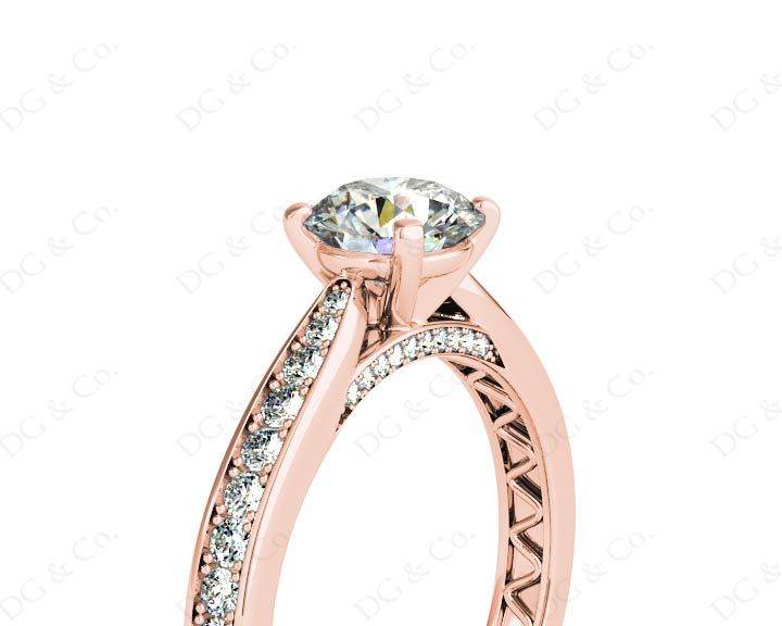 Round Cut Four Claw Set Diamond Ring with Pave Set Stones Down the Shoulders and on Both Sides - 18K Rose - DG & Co. Jewellery