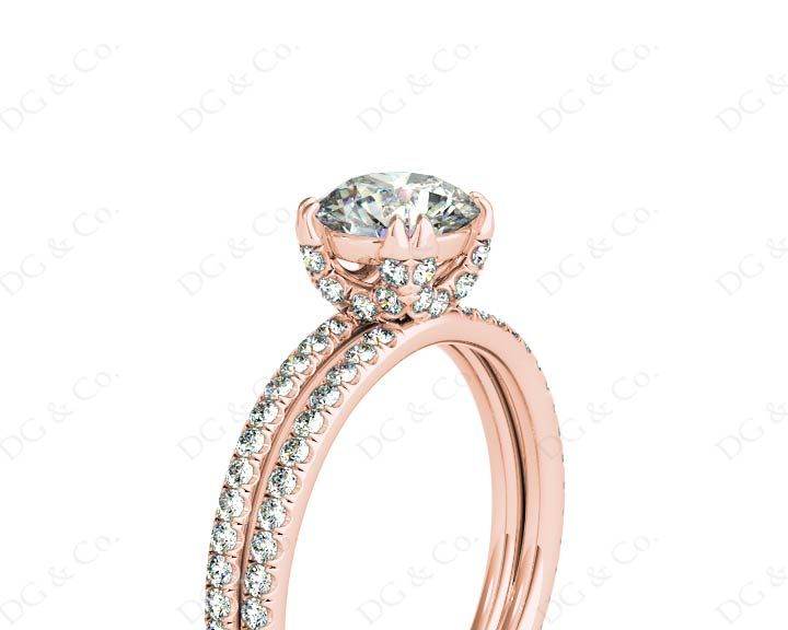 Round Cut Four Double Claw Set Diamond Ring with Pave Set Diamonds Down The Shoulders in 18K Rose - DG & Co. Jewellery
