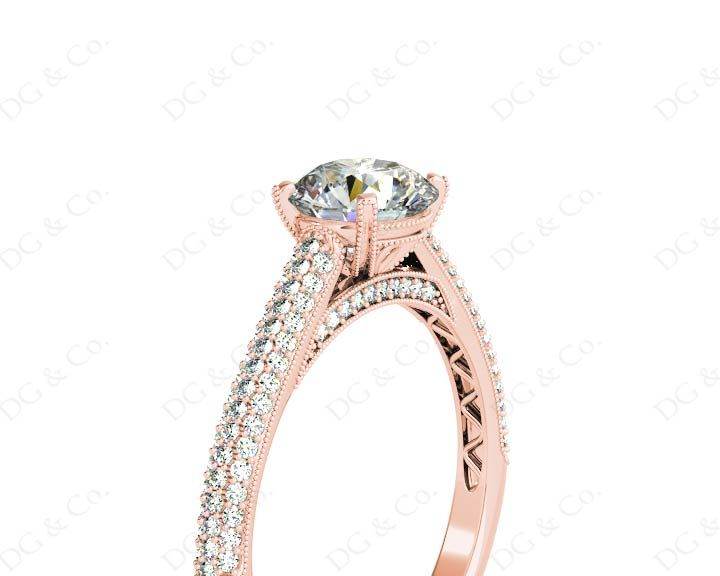 Vintage Style Round Cut Four Claw Set Diamond Ring with Micro Pave Set Stones Down the Shoulders - 18K Rose - DG & Co. Jewellery