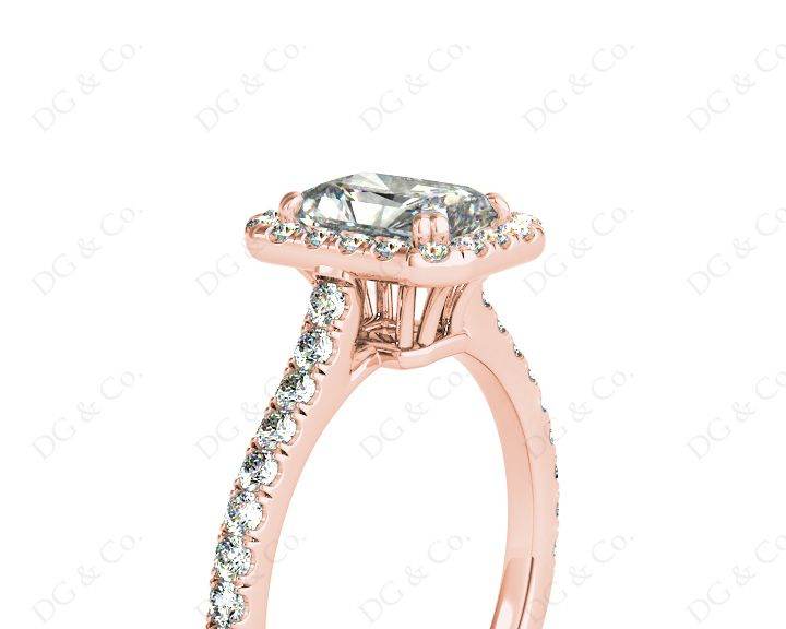 Radiant Cut Halo Diamond Engagement Ring with Claw Set Centre Stone Pave Diamond Setting Side Stones - 18K Rose - DG & Co. Jewellery