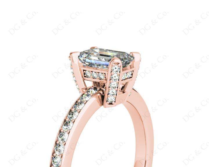 Emerald Cut Four Claw Diamond Ring with grain set side stones - 18K Rose - DG & Co. Jewellery