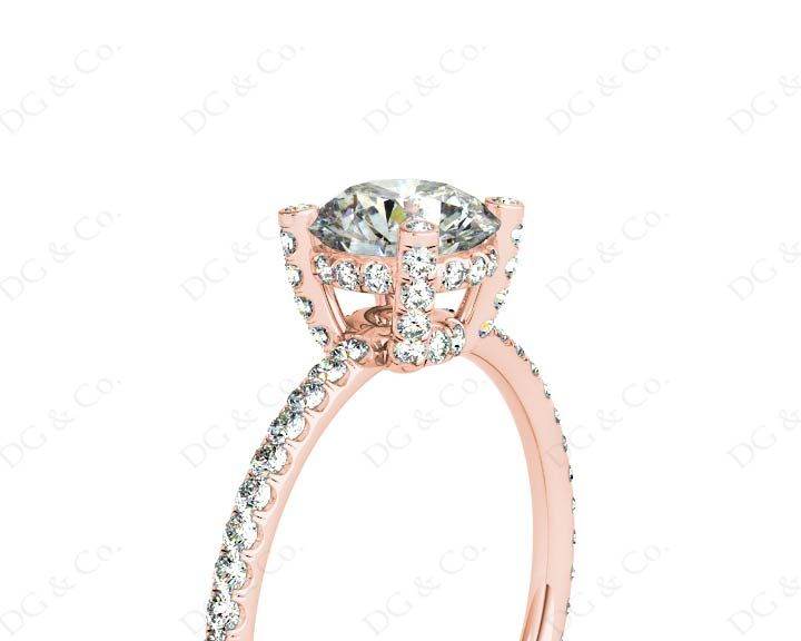 Round Cut Four Claw Set Diamond Ring with Scallop Set Round Cut Diamonds Pave Setting with two Side Halos and on the Band - 18K Rose - DG & Co. Jewellery