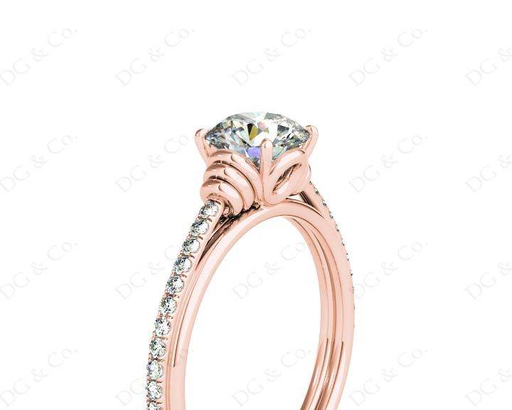 Round Cut Four Claw Set Diamond Ring with Pave Set Diamonds on the Band - 18K Rose - DG & Co. Jewellery