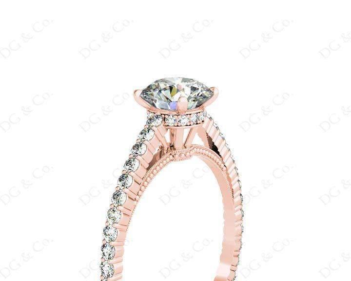 Round Cut Four Claw Set Diamond Ring with Side Halo and Round Cut Diamonds Claw Set on the Band - 18K Rose - DG & Co. Jewellery