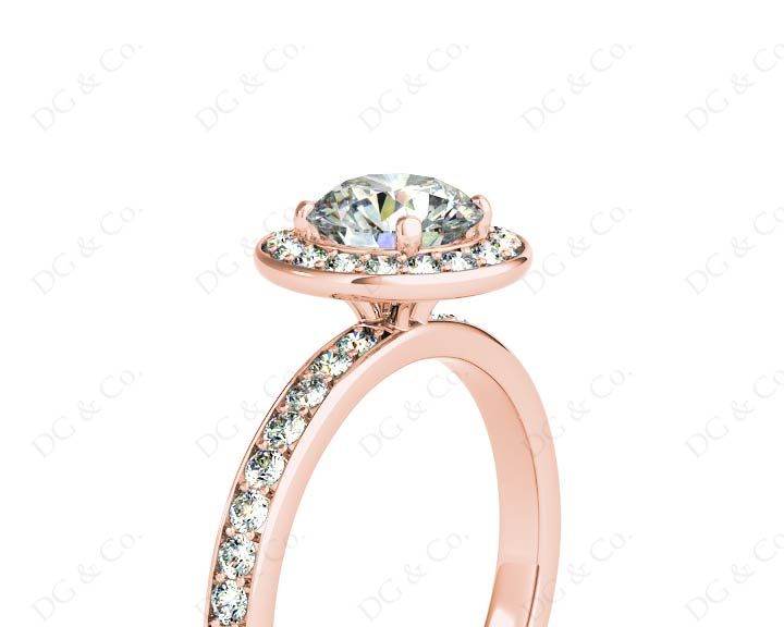 Round cut halo diamond engagement ring with four claw setting in 18K Rose - DG & Co. Jewellery