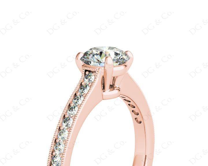 Round Cut Four Claw Set Milgrain Diamond Engagement Ring With Pave Side Stones - 18K Rose - DG & Co. Jewellery