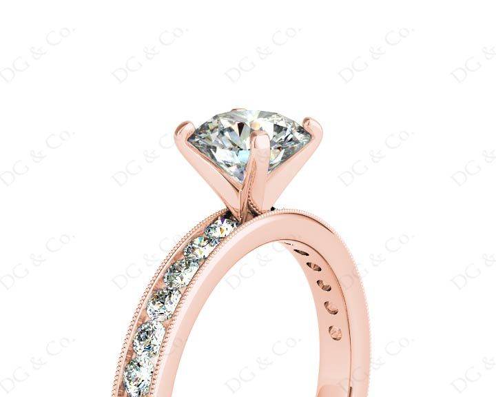 Round Cut Four Claw Set Diamond Ring with Channel Set Side Stones Down the Shoulders - 18k Rose - DG & Co. Jewellery