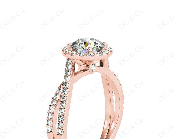 Round Cut Split Shank Diamond Halo Engagement Ring with Pave Set Side Stones Down the Band in 18K Rose - DG & Co. Jewellery