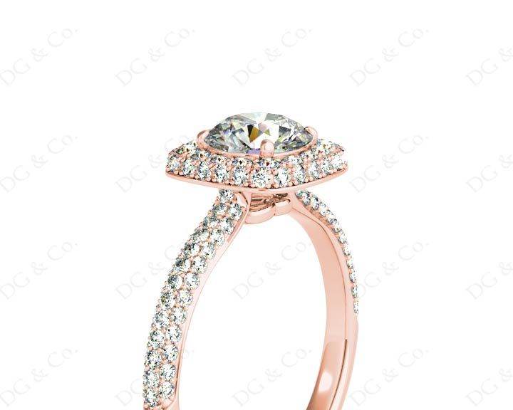 Round Cut Diamond Ring with Micro Pave Set Diamonds on Halo and Down the Shoulders - 18K Rose - DG & Co. Jewellery