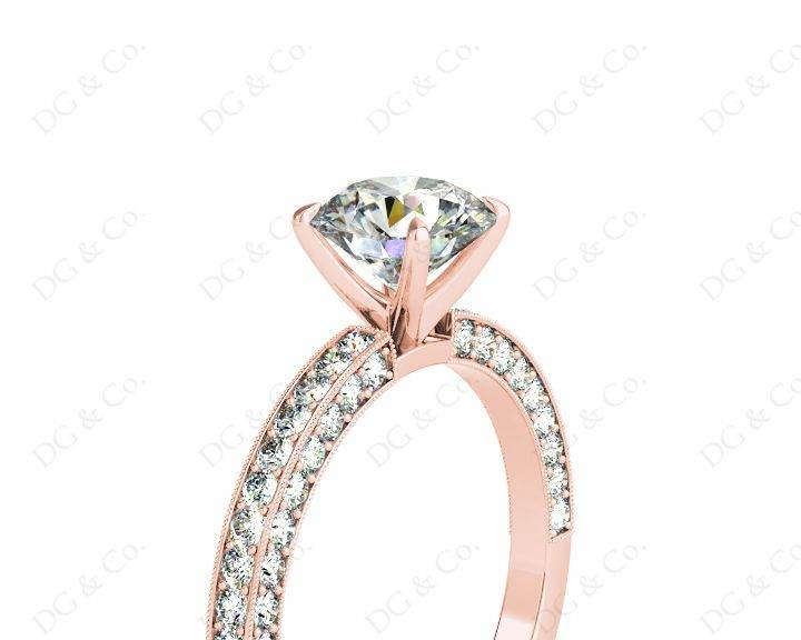 Round Cut Four Claws Side Stone Engagement Ring with Milgrain Set Side Stones in 18K Rose - DG & Co. Jewellery
