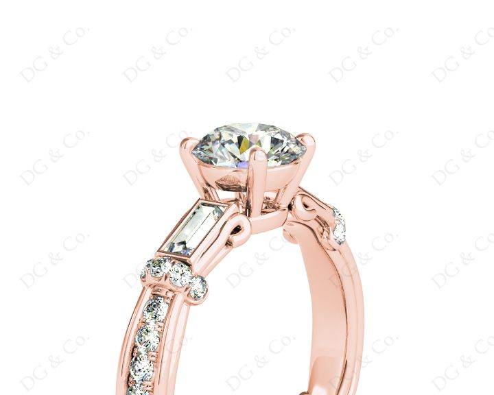 Round Cut Vintage Style Three Stone Engagement Ring with Tapered Baguette Bezel Set and Pave Set Side Stones - 18K Rose - DG & Co. Jewellery