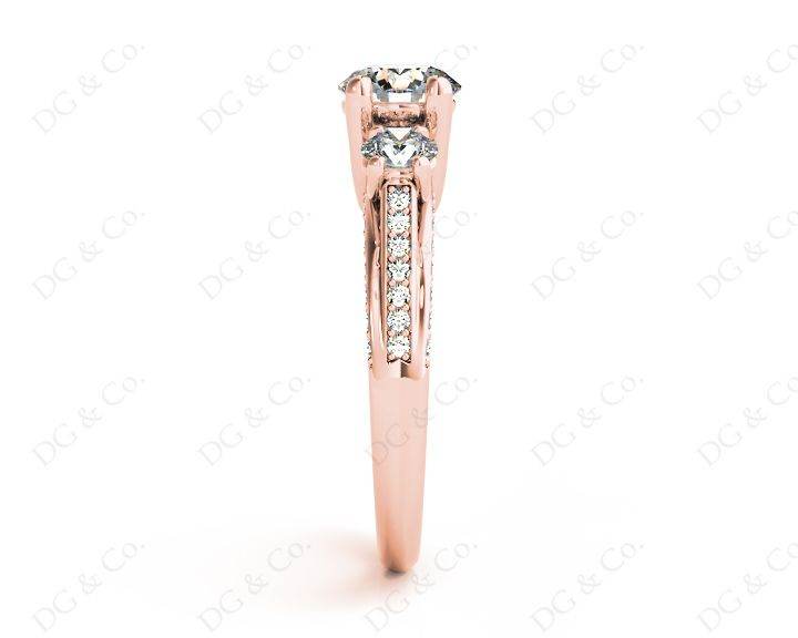 Three Stone Diamond Engagement Ring Round Cut with a Channel Share Prong Shoulder Setting - 18K Rose - DG & Co. Jewellery