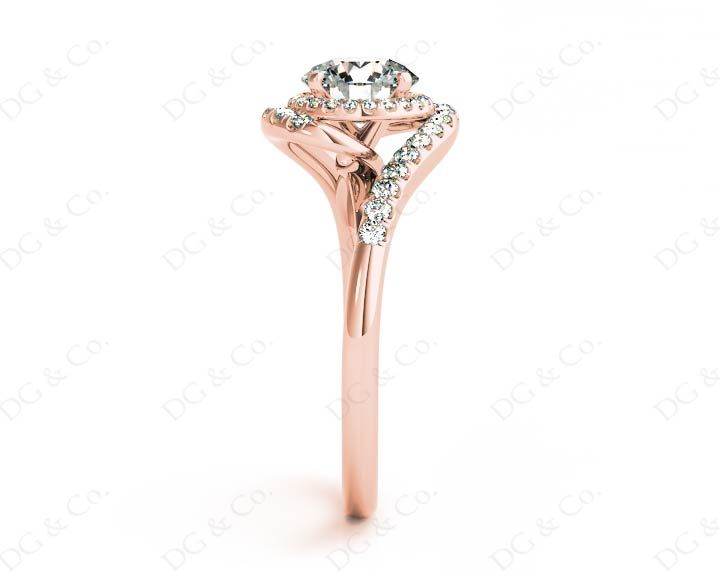 Round Cut Halo Diamond Cross Over Engagement ring with claw set centre stone in 18K Rose - DG & Co. Jewellery