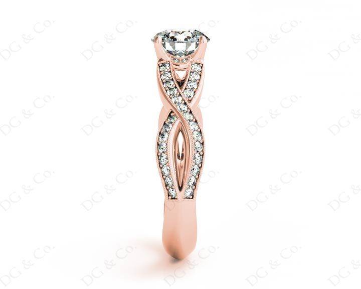 Twist Band Round Cut Four Claw Set Diamond Ring with Pave Set Stones Down the Shoulders - 18K Rose - DG & Co. Jewellery