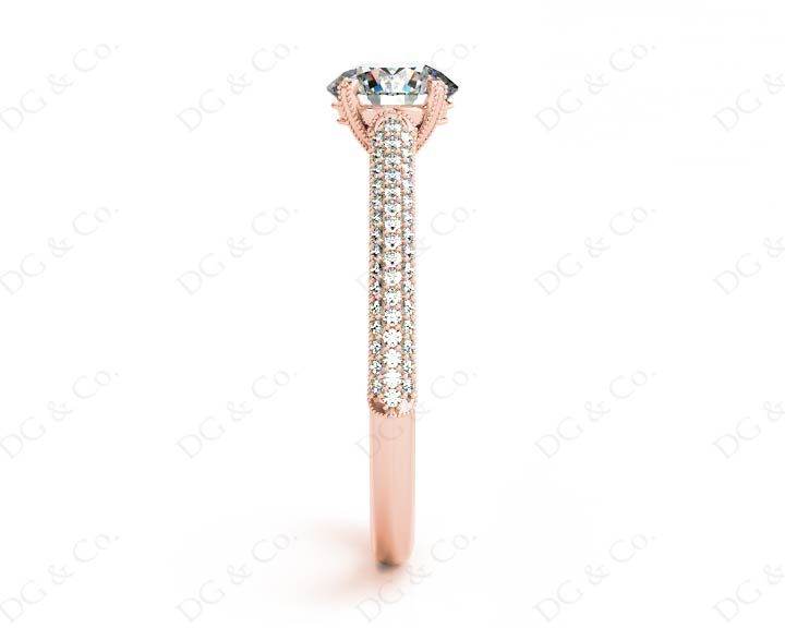Vintage Style Round Cut Four Claw Set Diamond Ring with Micro Pave Set Stones Down the Shoulders - 18K Rose - DG & Co. Jewellery