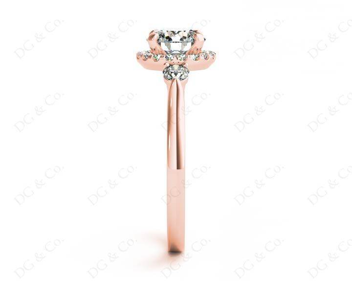Round Cut Halo Trilogy diamond ring with pave set side stone in 18K Rose - DG & Co. Jewellery