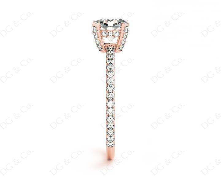 Round Cut Four Claw Set Diamond Ring with Scallop Set Round Cut Diamonds Pave Setting with two Side Halos and on the Band - 18K Rose - DG & Co. Jewellery