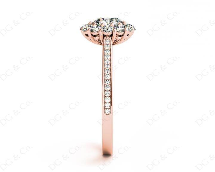 Round Cut Flower Halo Diamond Ring with a Claw Set Halo and Pave Set Side Stones - 18K Rose - DG & Co. Jewellery