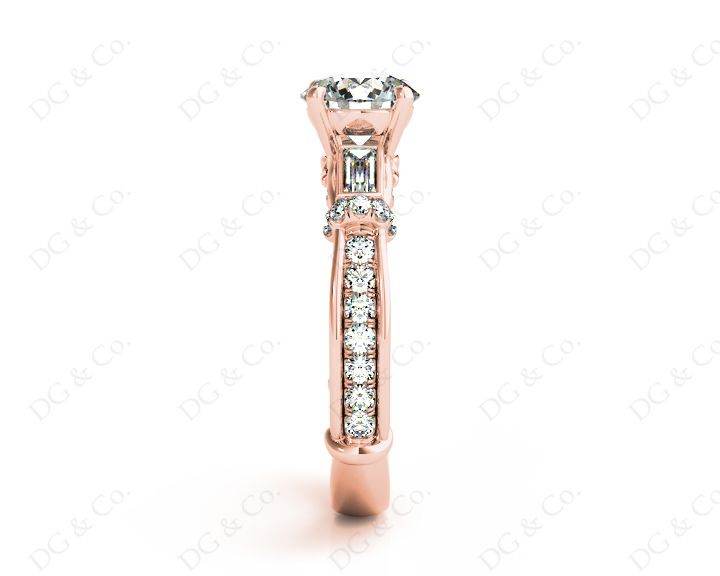 Round Cut Vintage Style Three Stone Engagement Ring with Tapered Baguette Bezel Set and Pave Set Side Stones - 18K Rose - DG & Co. Jewellery