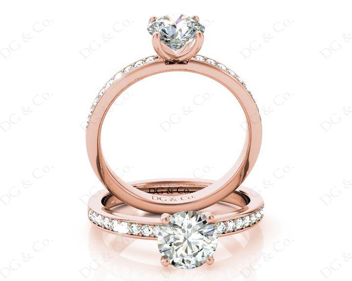 Round Cut Four Claws Diamond Engagement Ring with Pave Set Side Stones - 18K Rose - DG & Co. Jewellery
