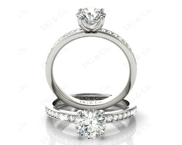 Round Cut Four Claws Diamond Engagement Ring with Pave Set Side Stones - 18K White - DG & Co. Jewellery
