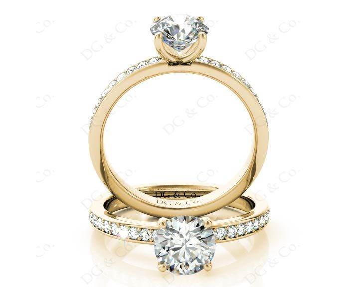 Round Cut Four Claws Diamond Engagement Ring with Pave Set Side Stones - 18K Yellow - DG & Co. Jewellery