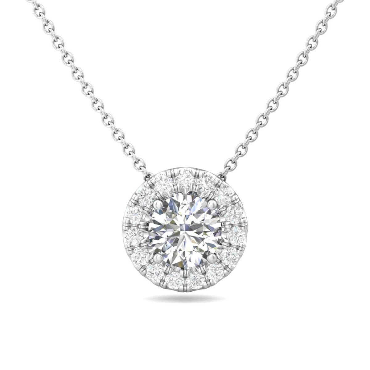 Diamond Halo Slider Pendant Four Claw Setting Centre Stone Pave Setting Side Stone In 18K White Gold - DG & Co. Jewellery