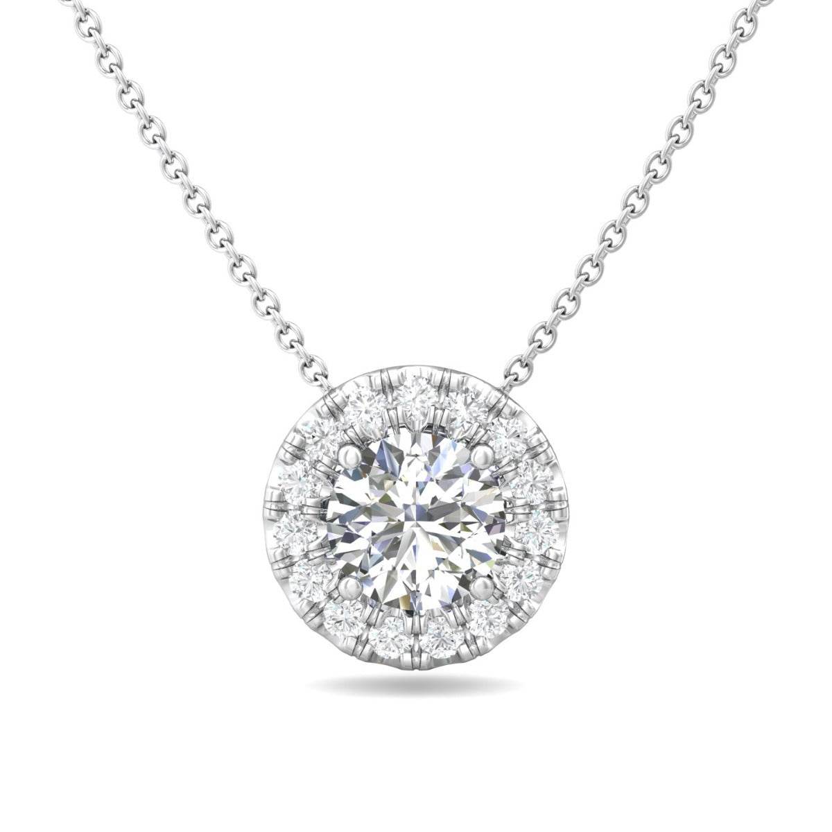 Sliding Diamond Solitaire Halo Pendant 4 Claw Setting Centre Stone Pave Setting Side Stone In 18K White Gold - DG & Co. Jewellery