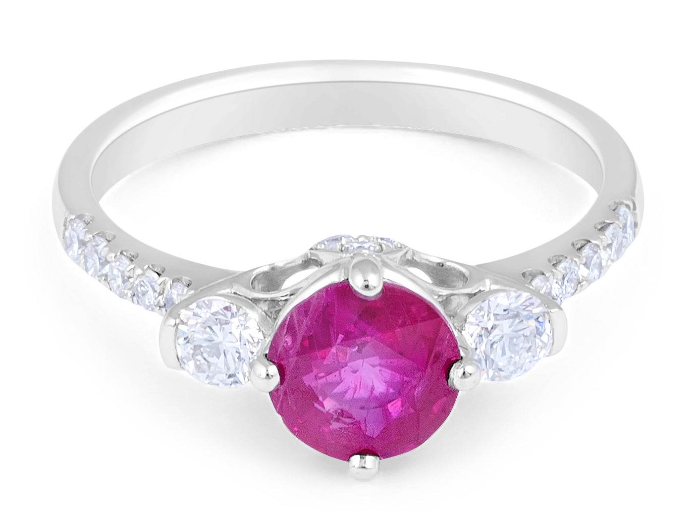 Round Cut Ruby Diamond Trilogy Engagement Ring 4 claw Setting In 18K W ...