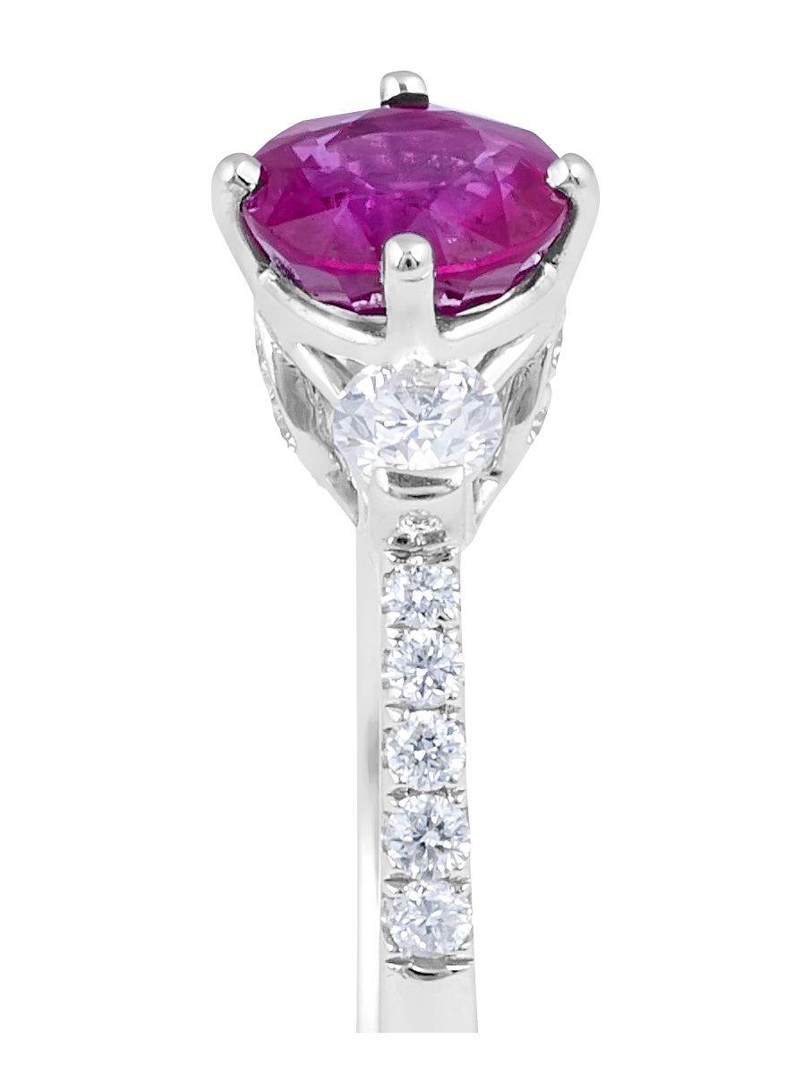 Round Cut Ruby Diamond Trilogy Engagement Ring 4 claw Setting In 18K White Gold - DG & Co. Jewellery