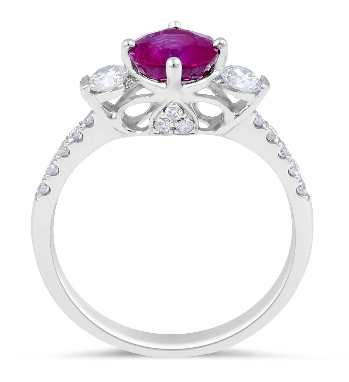 Round Cut Ruby Diamond Trilogy Engagement Ring 4 claw Setting In 18K White Gold - DG & Co. Jewellery