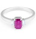 Trilogy Emerald Cut Ruby Diamond Engagement Ring 4 Claw Setting In 18K White Gold - DG & Co. Jewellery