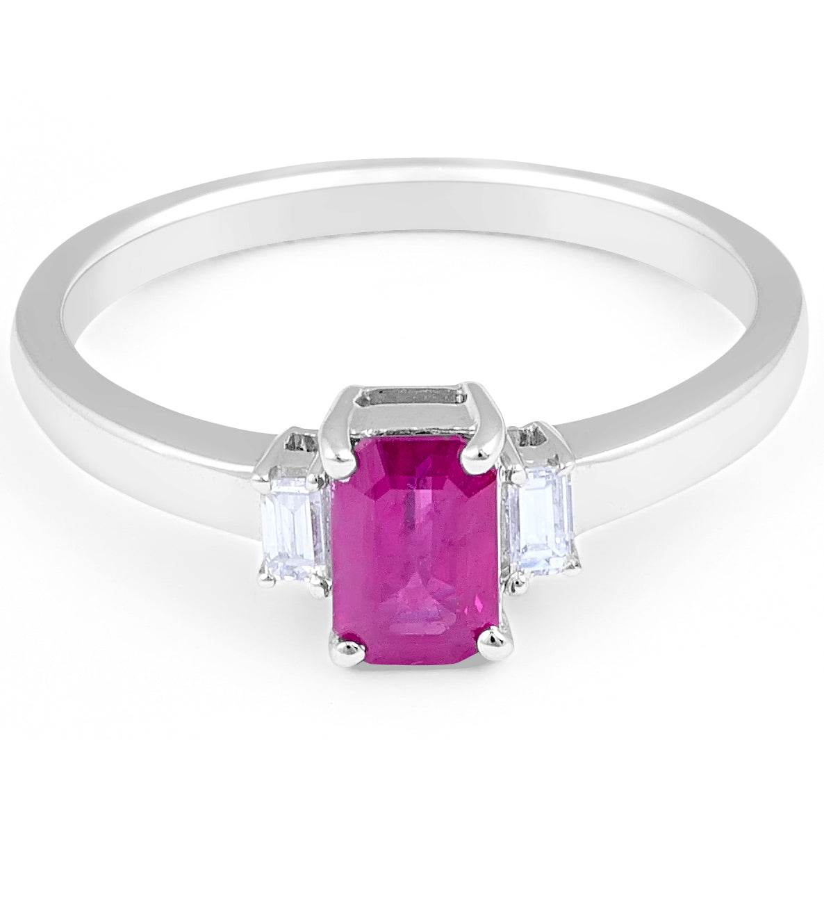 Trilogy Emerald Cut Ruby Diamond Engagement Ring 4 Claw Setting In 18K White Gold - DG & Co. Jewellery