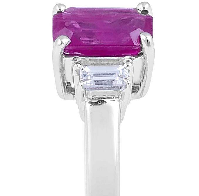 Trilogy Emerald Cut Ruby Diamond Engagement Ring 4 Claw Setting In 18K White Gold - DG & Co. Jewellery