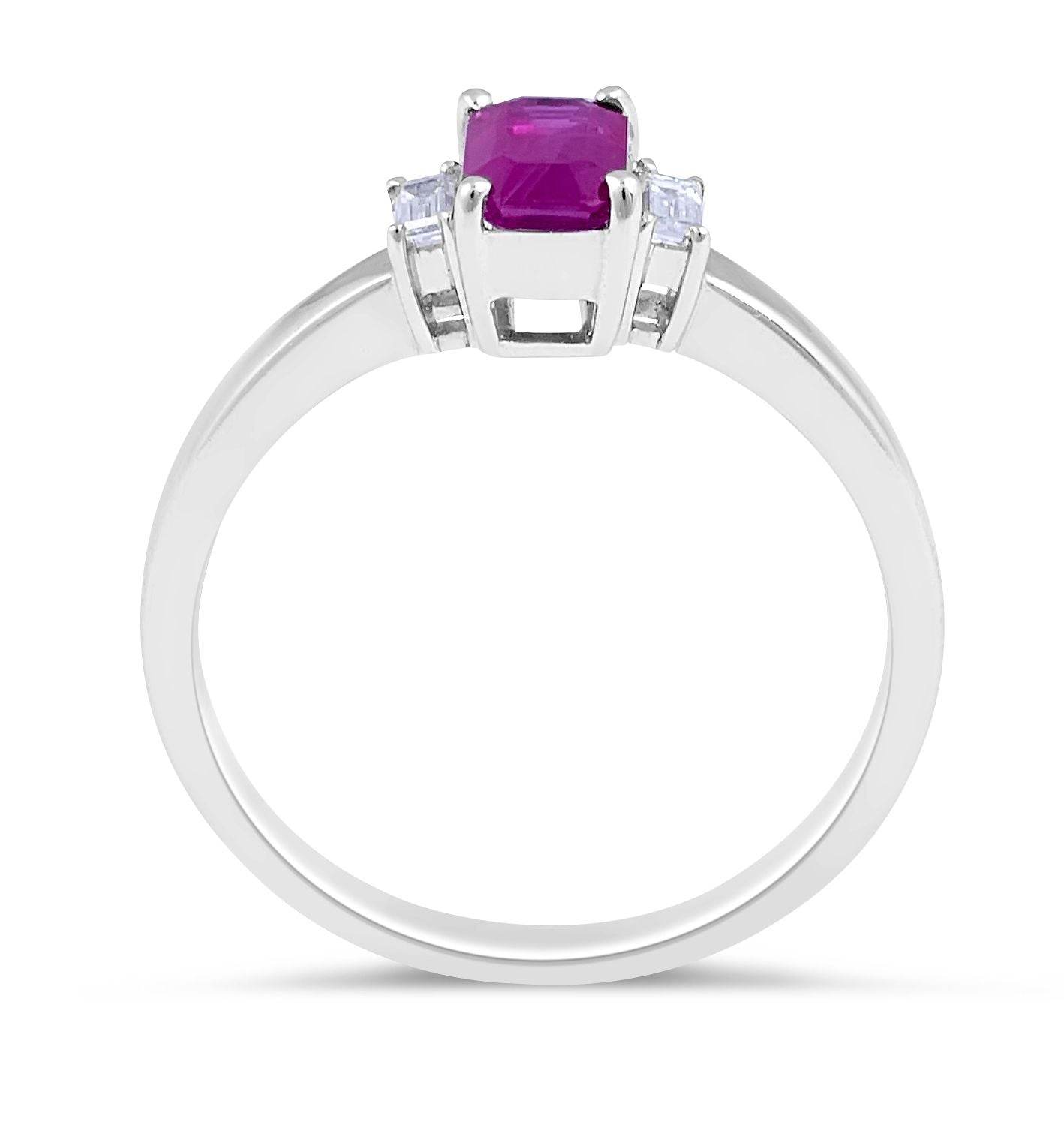 Trilogy Emerald Cut Ruby Diamond Engagement Ring 4 Claw Setting In 18K White Gold - DG & Co. Jewellery