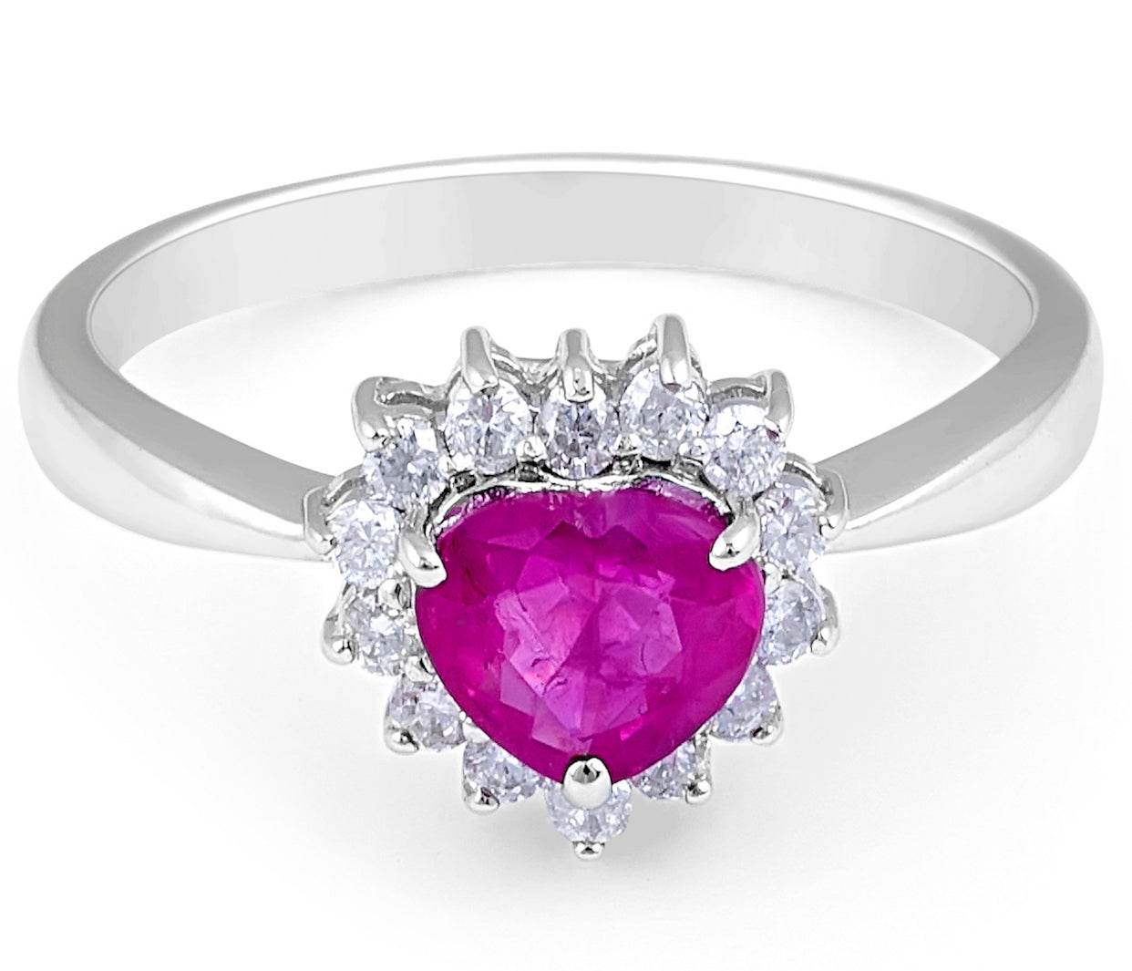 Ruby Diamond Halo Engagement Ring Heart Shape Claw Setting In 14K White Gold - DG & Co. Jewellery