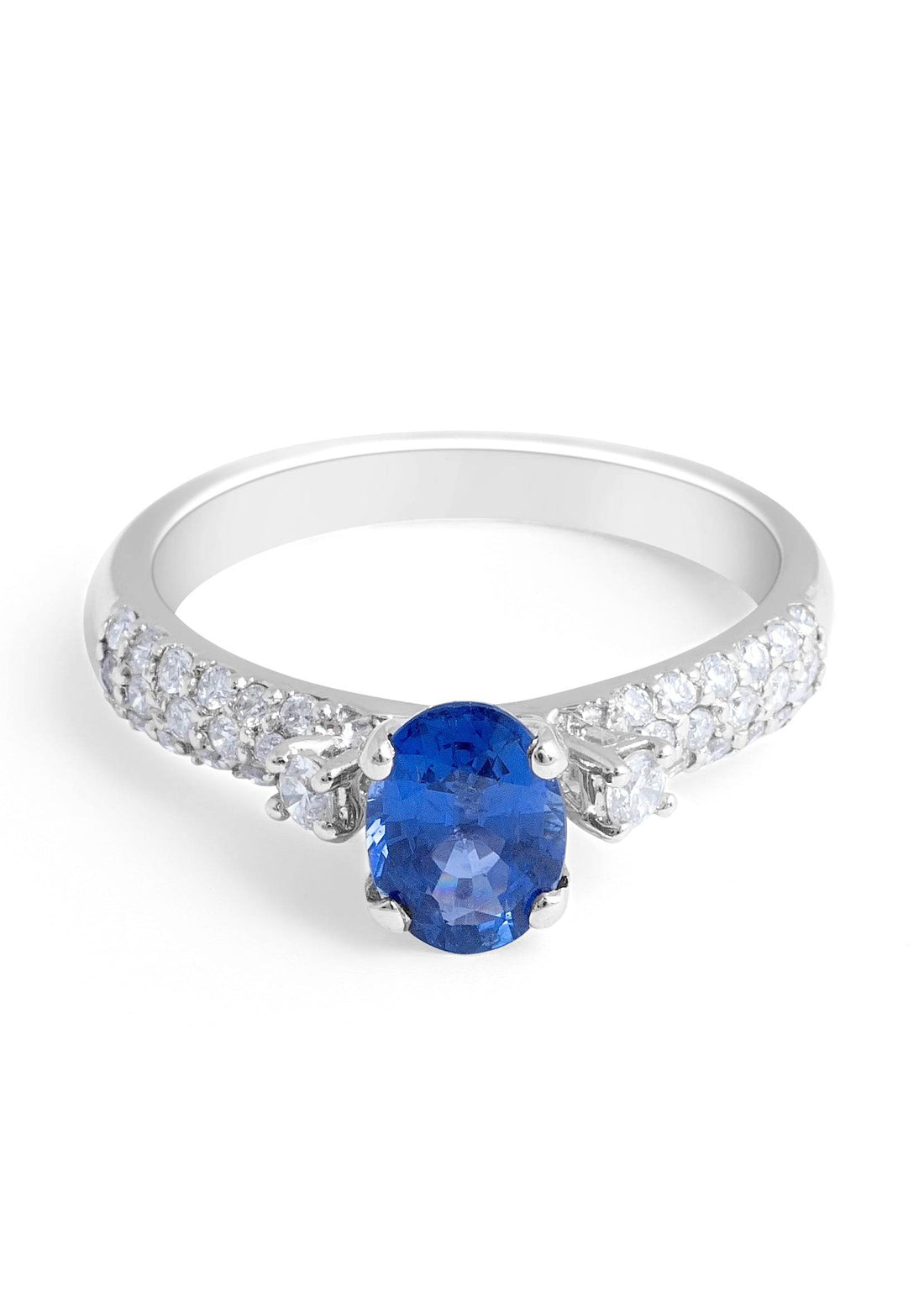 Trilogy Blue Sapphire Diamond Engagement Ring Pave Set Side Stone In 18K White Gold - DG & Co. Jewellery