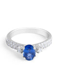 Trilogy Blue Sapphire Diamond Engagement Ring Pave Set Side Stone In 18K White Gold - DG & Co. Jewellery