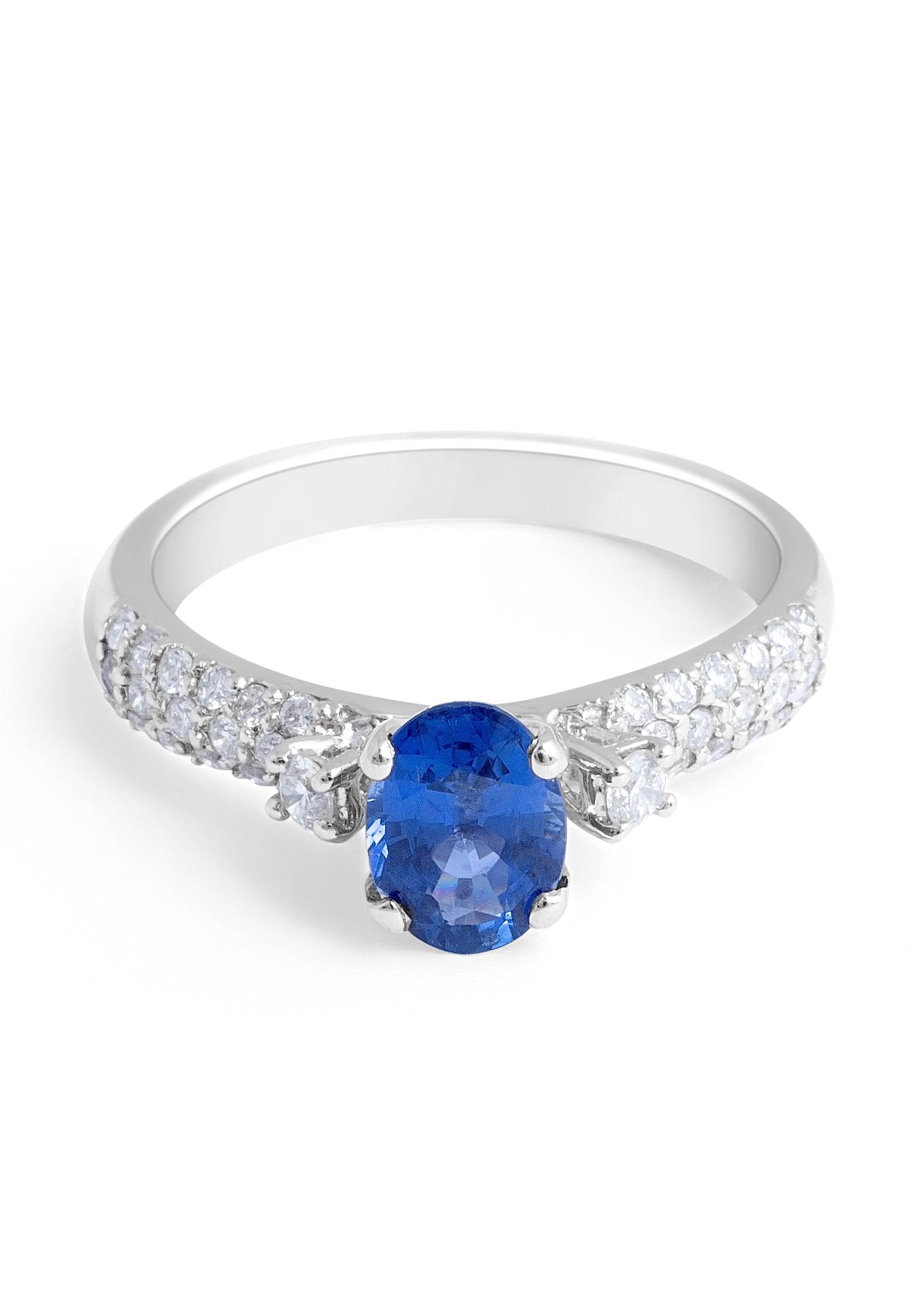 Trilogy Blue Sapphire Diamond Engagement Ring Pave Set Side Stone In 18K White Gold - DG & Co. Jewellery