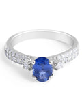 Trilogy Blue Sapphire Diamond Engagement Ring Pave Set Side Stone In 18K White Gold - DG & Co. Jewellery