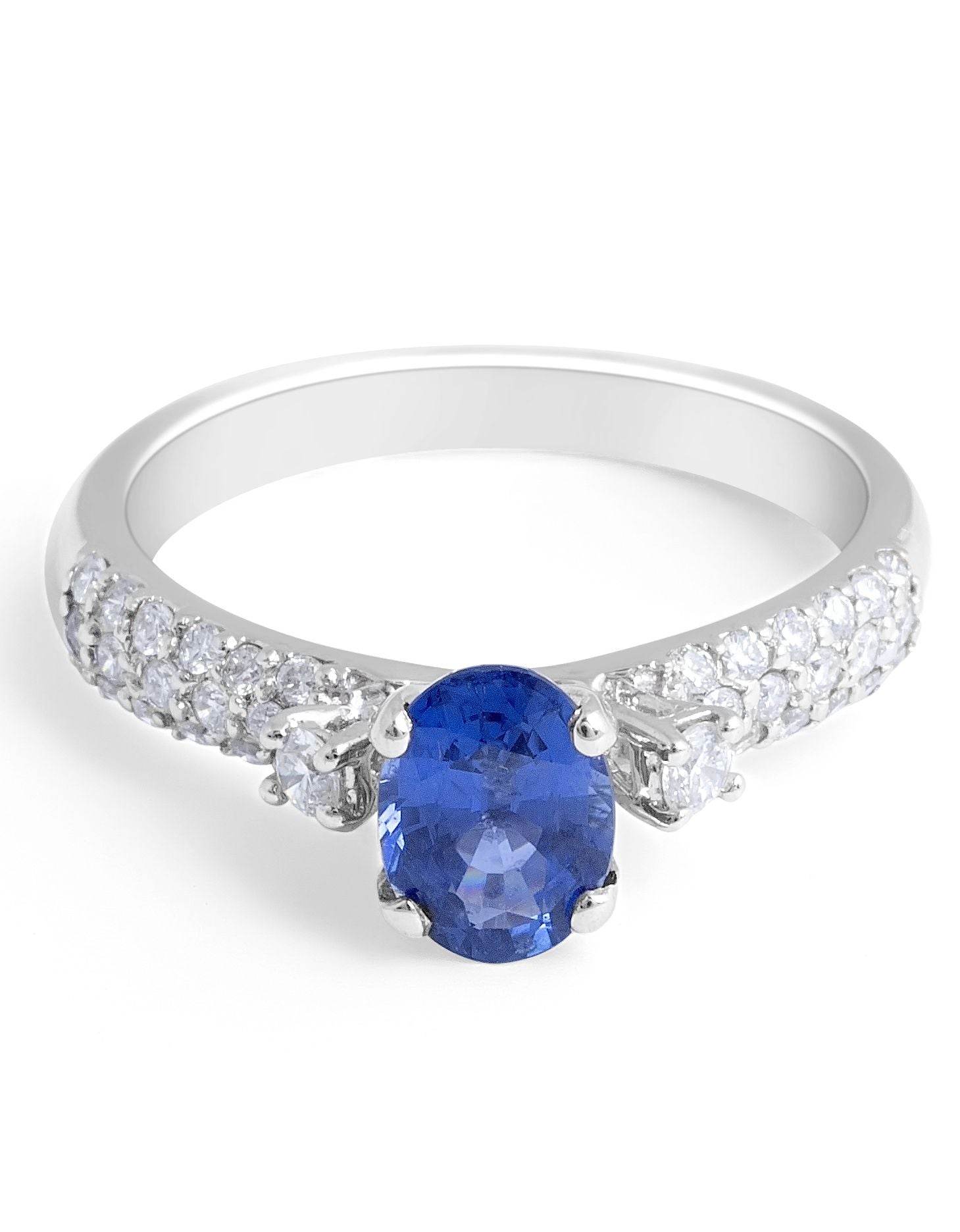 Trilogy Blue Sapphire Diamond Engagement Ring Pave Set Side Stone In 18K White Gold - DG & Co. Jewellery